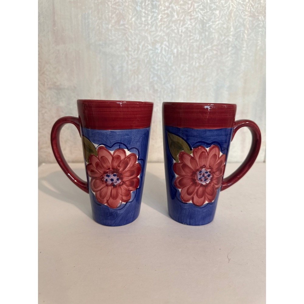Certified International CIC Floral Ceramic Latte Mugs Set of 2 Red Blue 6in